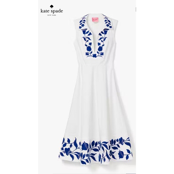 KATE SPADE White Blue Dress Zig Zag Floral Embroidered Fit Flare Midi Sleeveless - Picture 2 of 15
